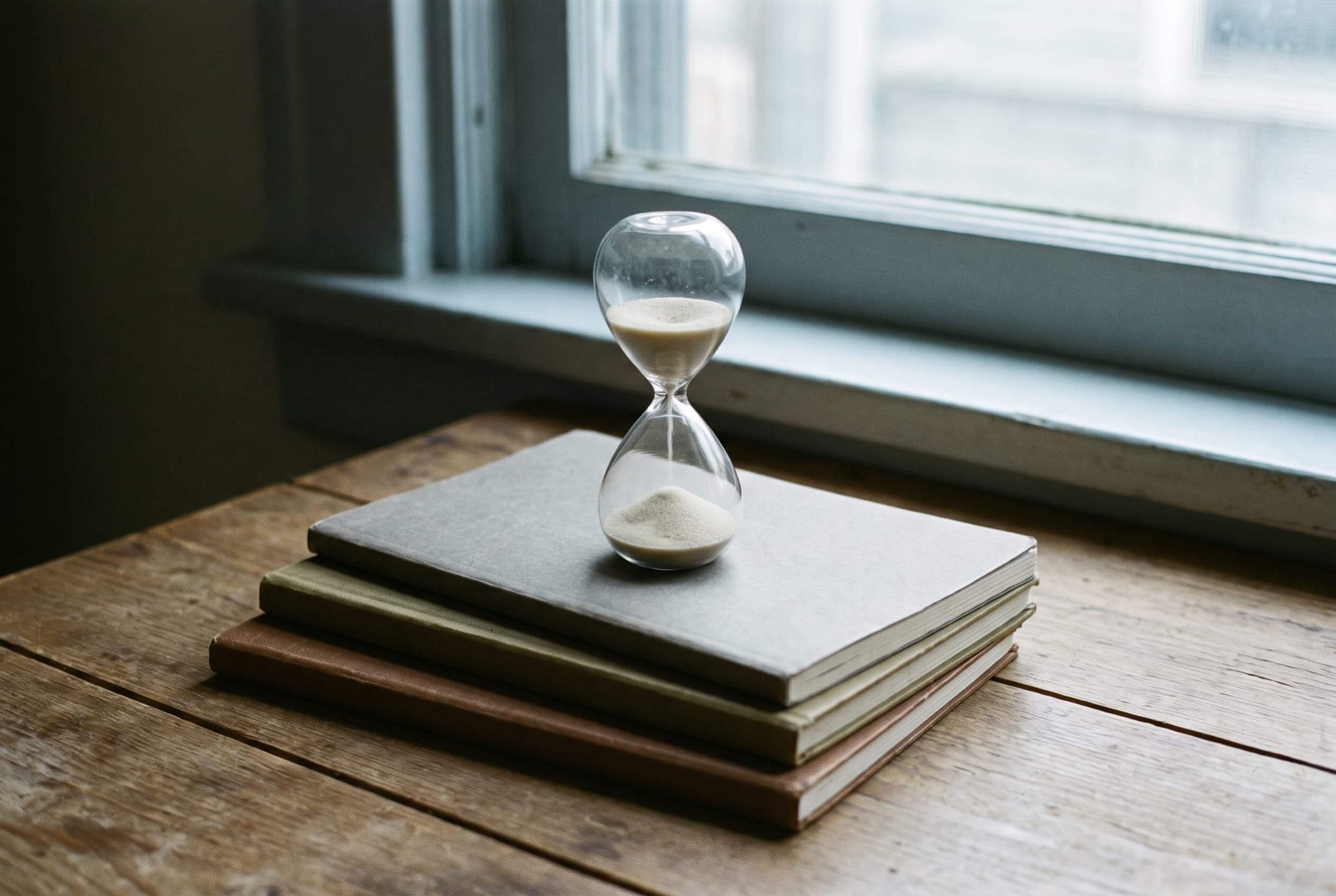A small hourglass mid-pour standing on a stack of plain notebooks by a cool window