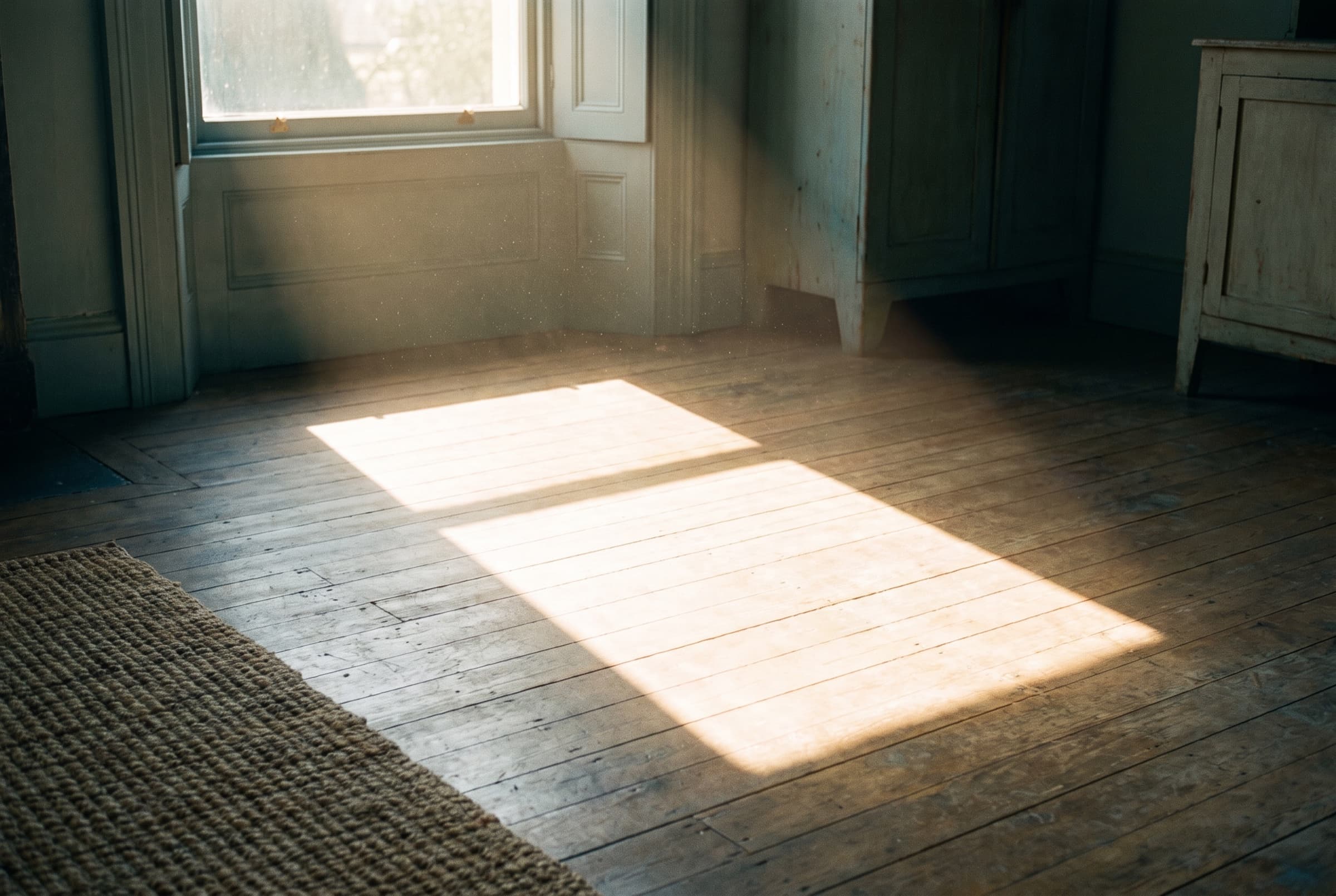 A bright parallelogram of low sun cast across a worn wooden floor, dust motes in the beam, the corner of a woven rug at the edge