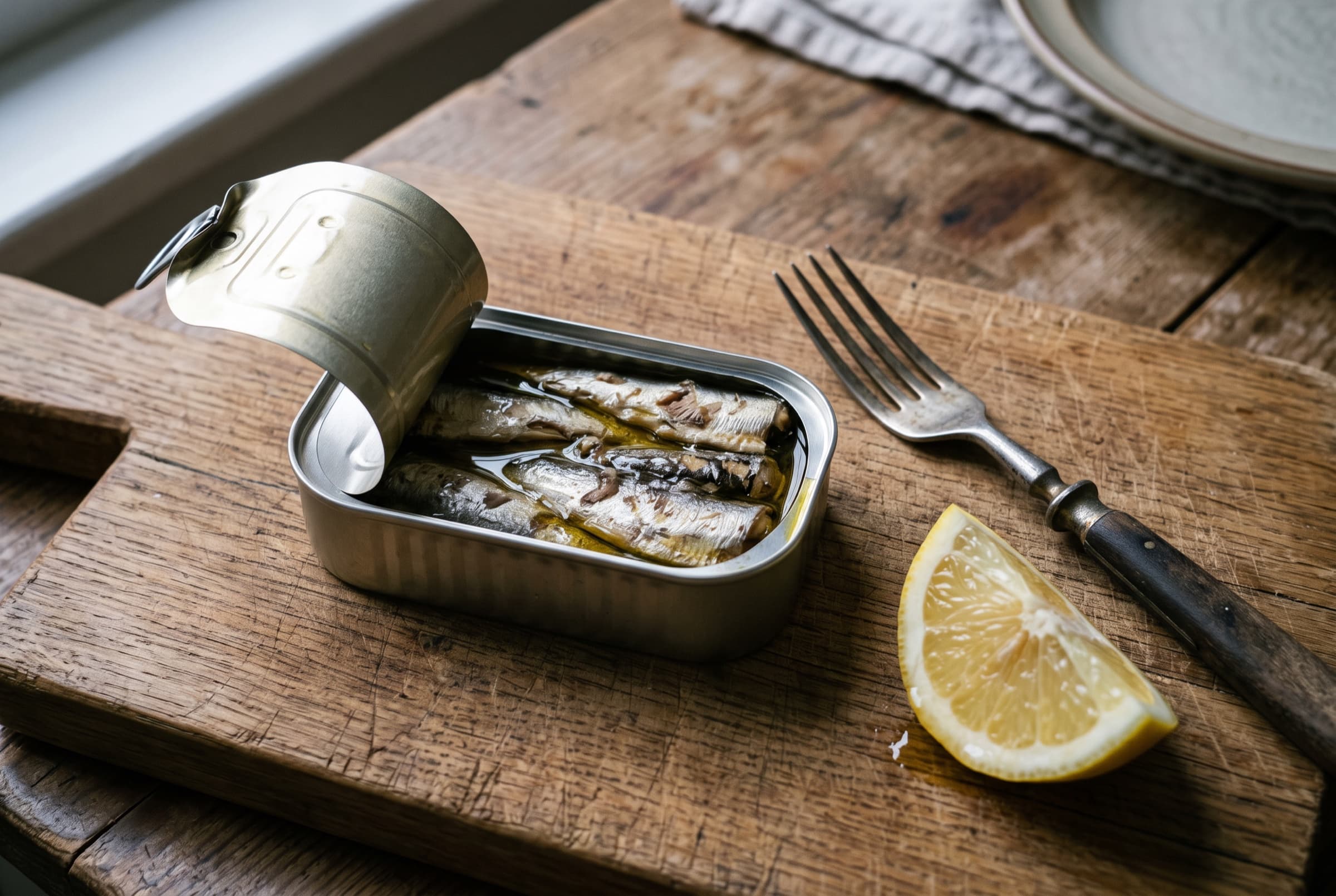 An open plain tin of sardines on a wooden board with a fork and a lemon wedge in cool window light