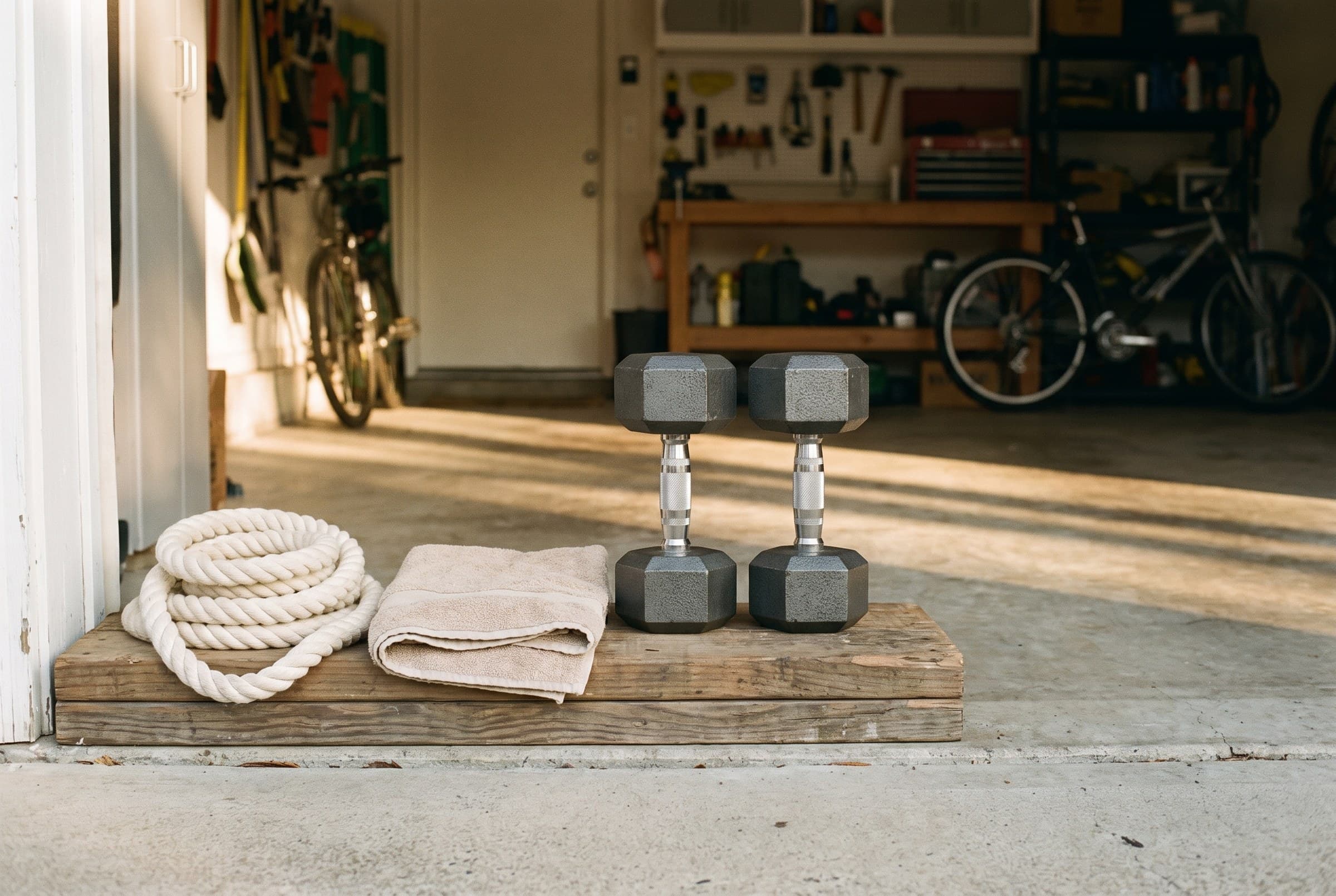 A matched pair of cast-iron hex dumbbells on a low wooden platform inside an open garage door, a coiled rope and folded towel beside them, morning sun raking across the concrete