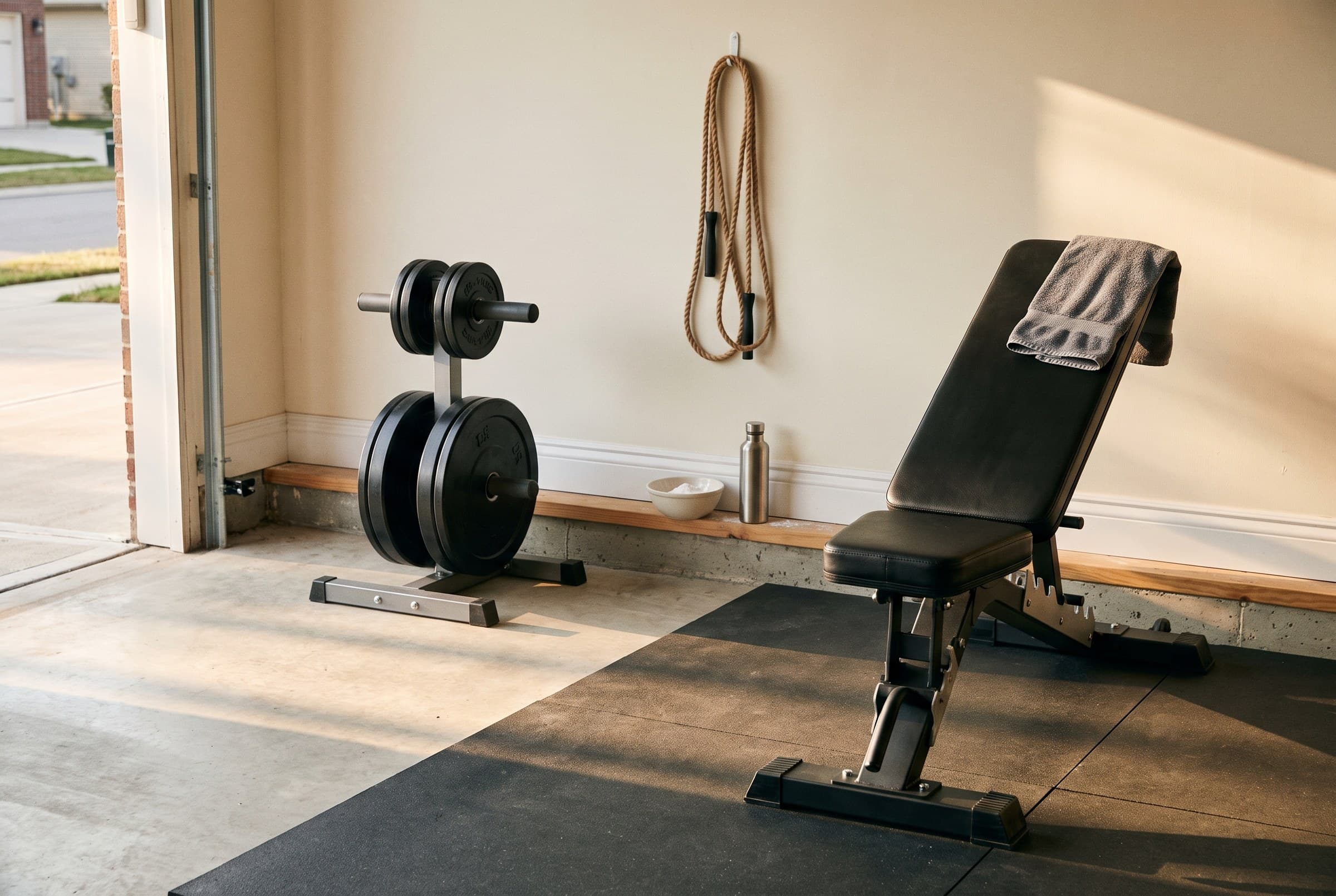 An adjustable weight bench on a rubber mat in a home garage, a folded towel over the backrest, weight plates stored upright on a rack and a jump rope hanging on the wall, morning light from the open door