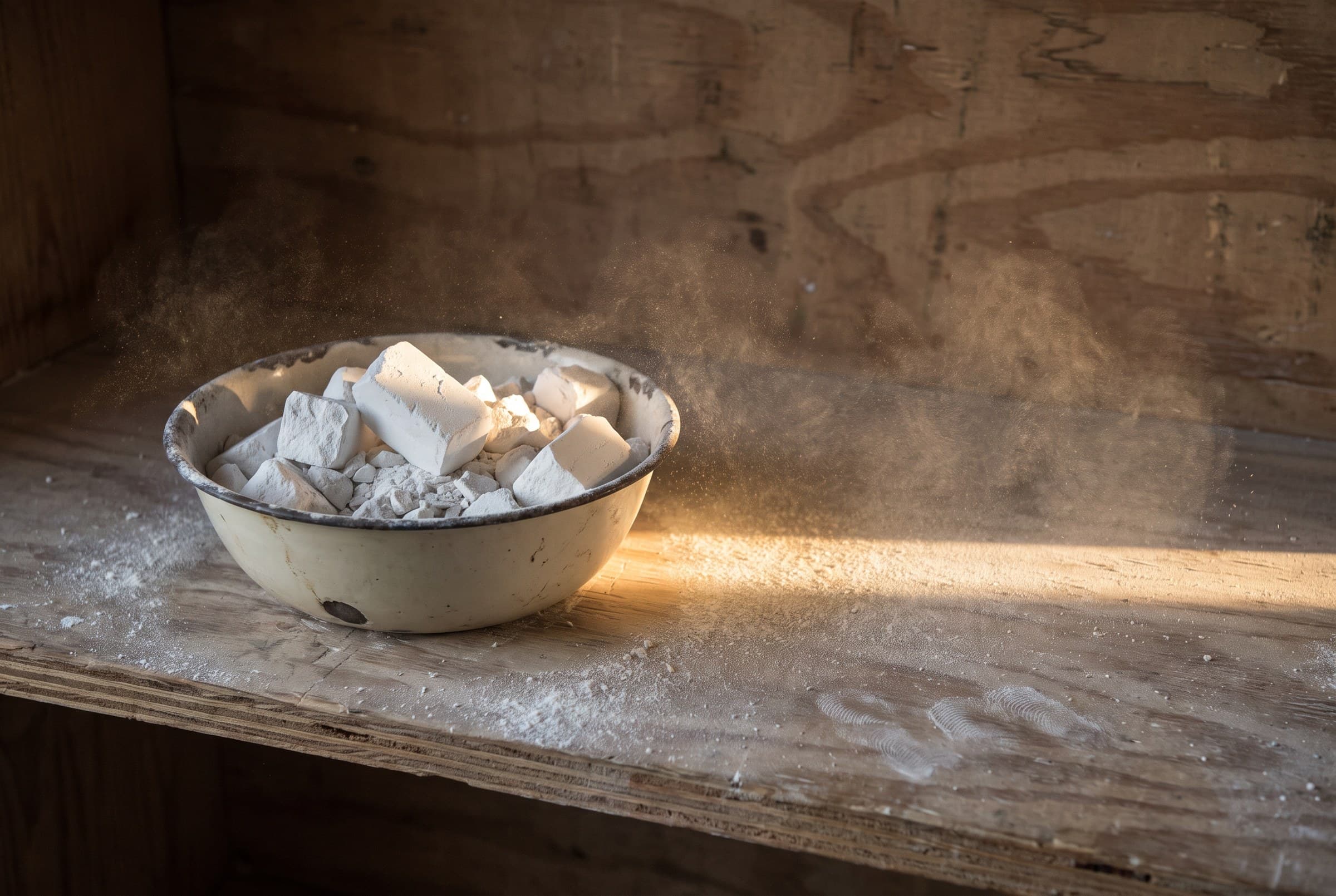 A chipped enamel bowl of broken chalk blocks on a plywood shelf, loose powder scattered across the grain and chalk dust hanging in a low sunbeam