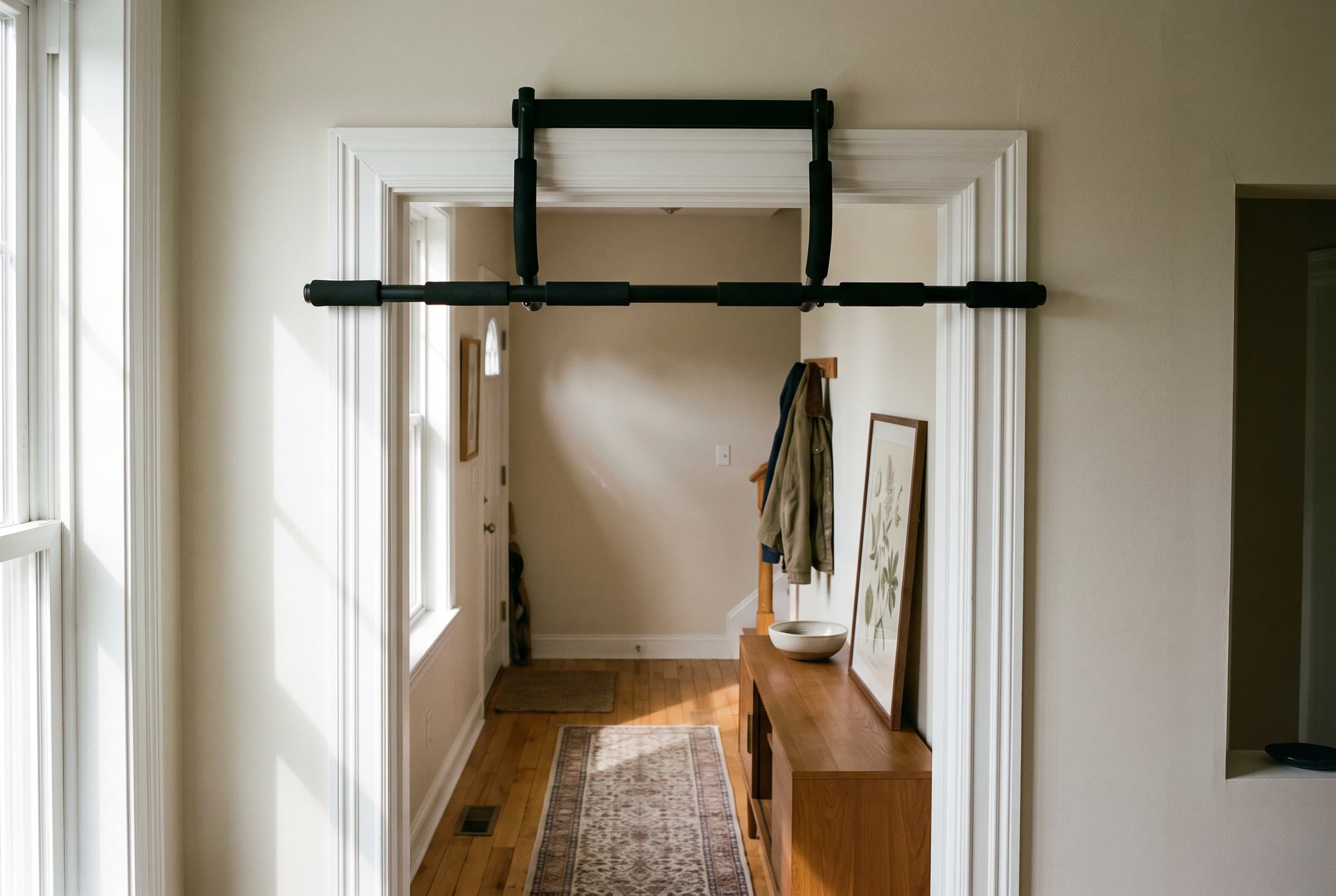 A doorway pull-up bar mounted level at the top of a white painted door frame, seen from a sunlit hallway with a runner rug, a console table and a coat on a peg beyond