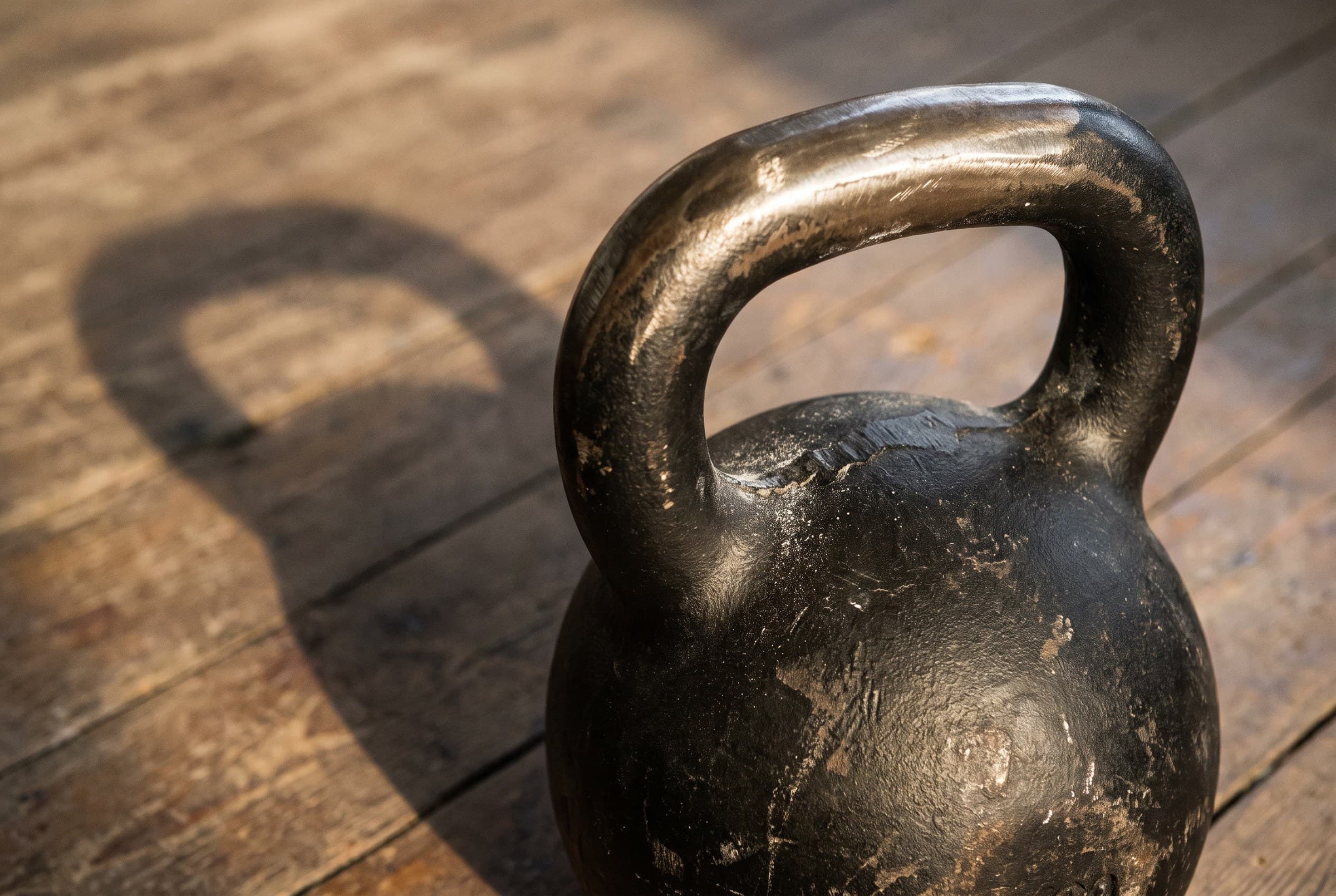 Close view of a cast-iron kettlebell handle worn through to bare metal, standing on scuffed floorboards with its shadow stretched out beside it