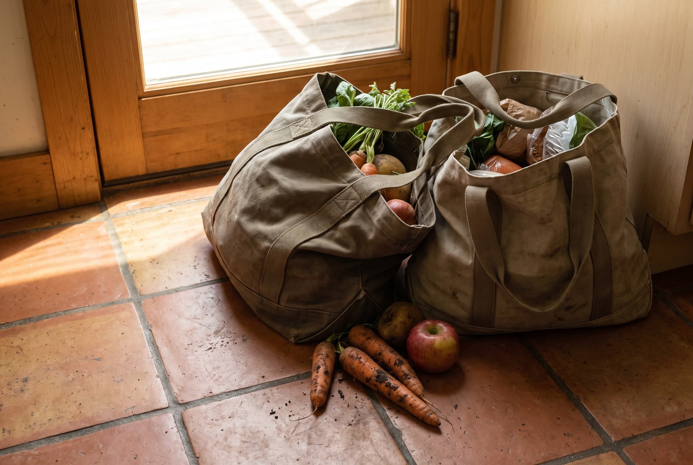 Two heavy canvas tote bags slumped on terracotta kitchen tiles inside a back door, handles creased from the load, carrots and an apple spilled onto the floor
