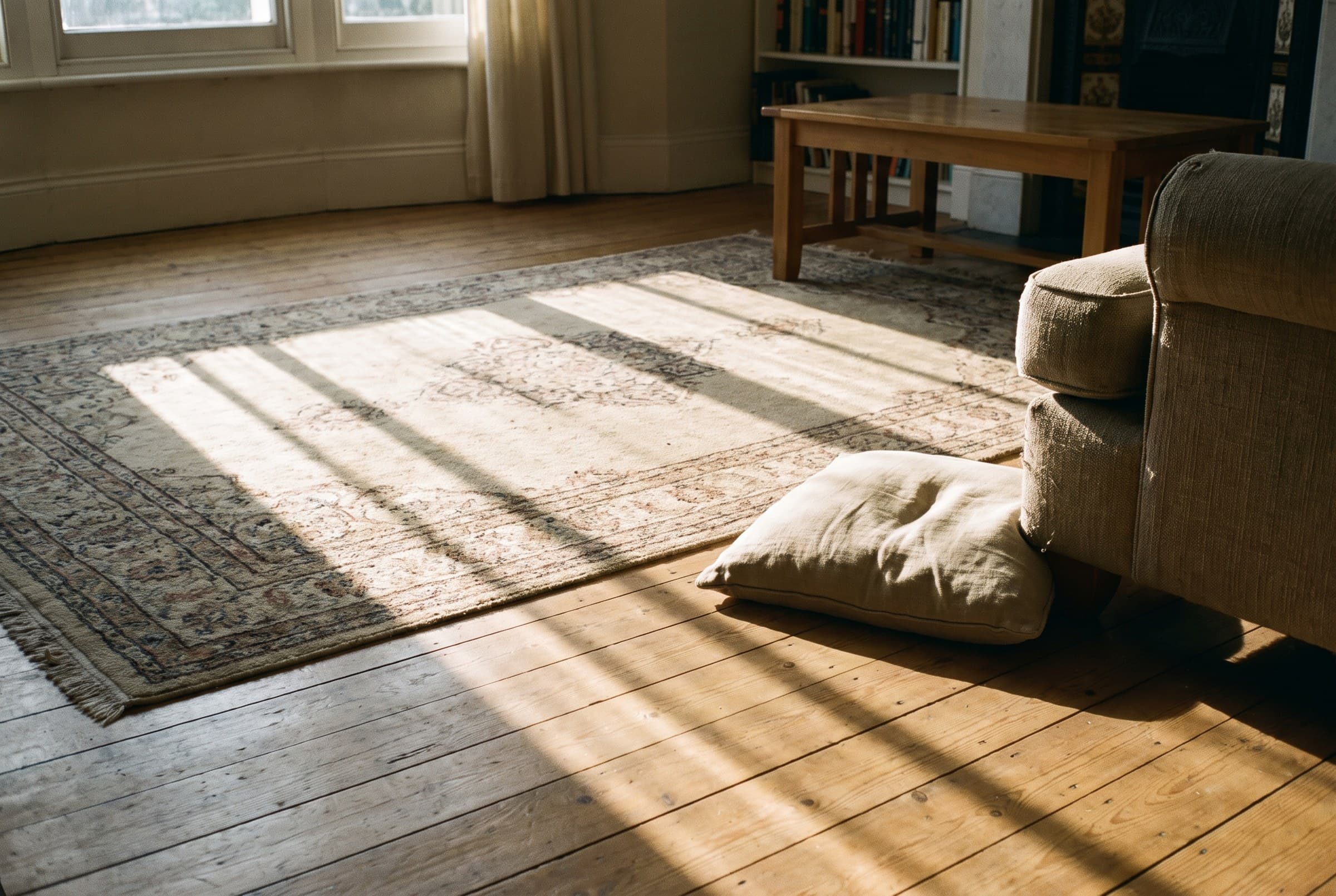 An empty patch of living-room floorboards and faded rug seen low, the coffee table pushed back and a cushion dropped by the couch, sun bars falling across the floor