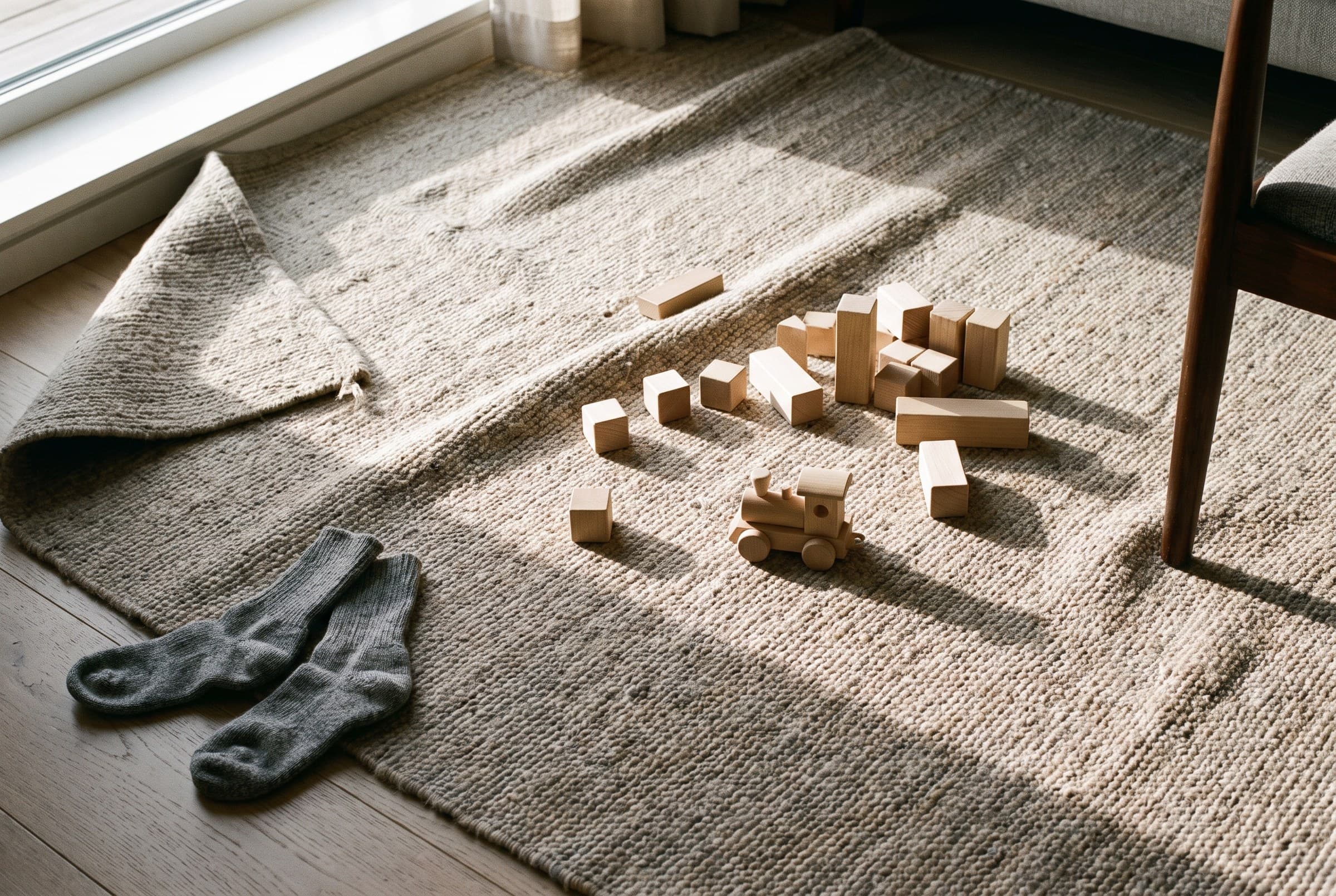 Wooden blocks and a small wooden train scattered on a woven rug with one corner flipped over, a pair of grey wool socks dropped on the boards nearby