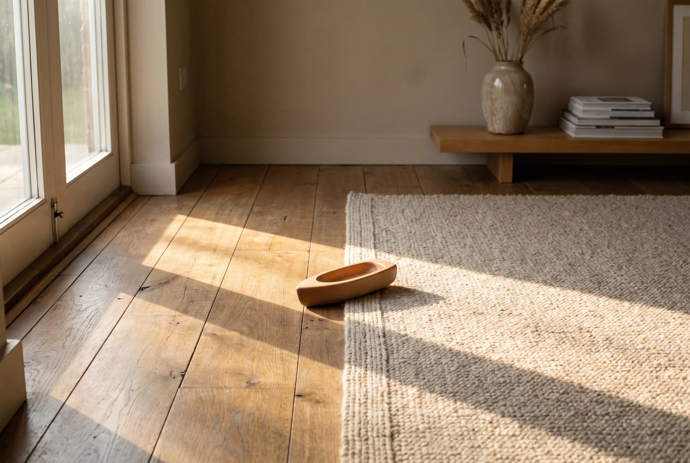Low morning sun striping bare oak floorboards where they meet the edge of a wool rug, a plain wooden toy resting at the boundary