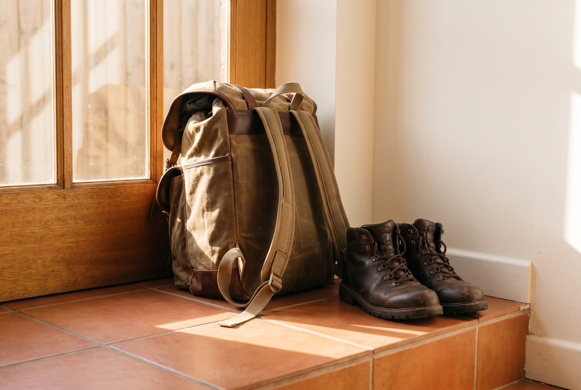 A packed canvas rucksack set against the wall by a back door with sturdy walking boots beside it on a tiled step, morning light through the door glass