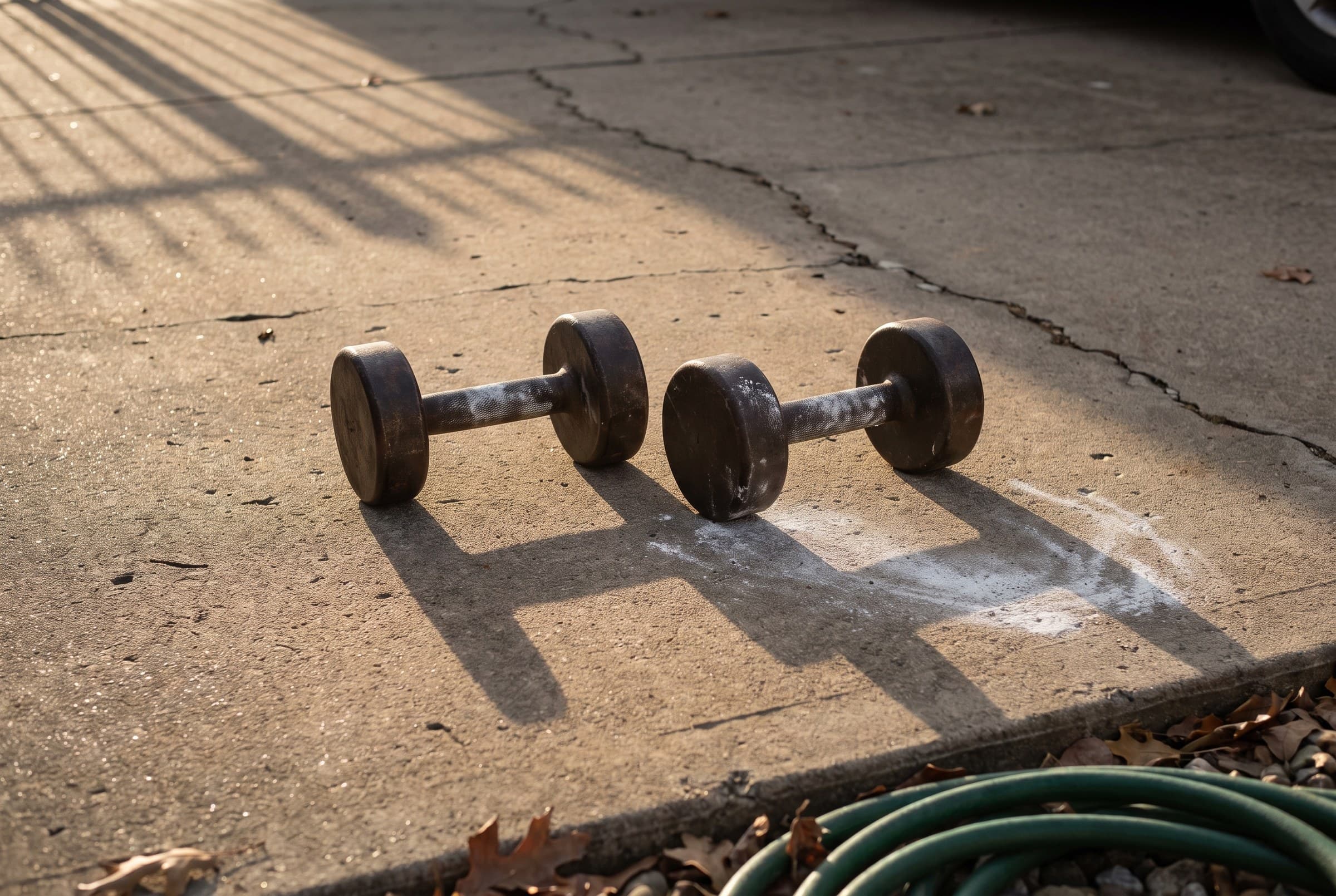 Two dumbbells set down side by side on a cracked concrete driveway with chalk dust smeared where they landed, a coiled garden hose and dry leaves at the edge