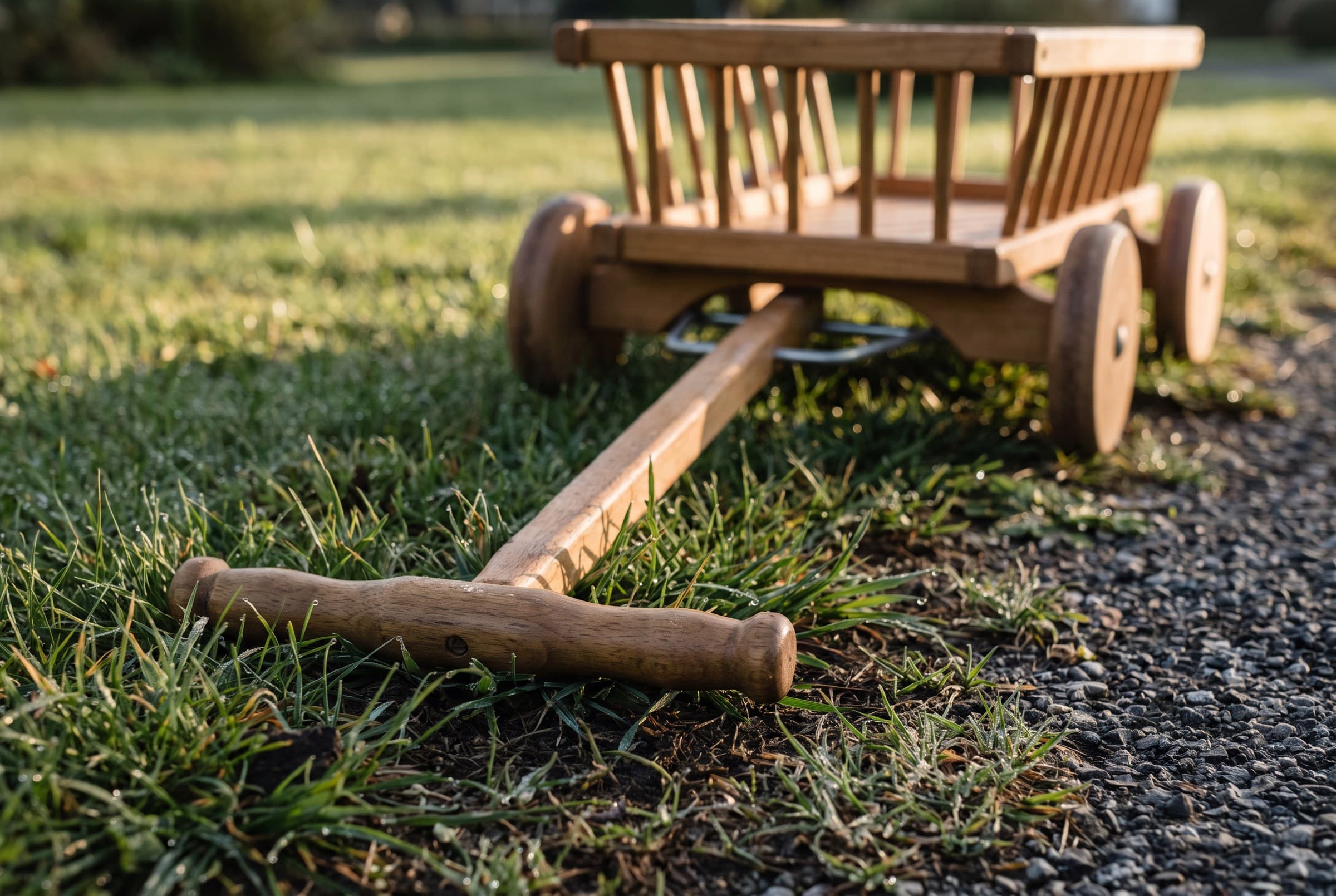 The wooden handle of a child's pull-along wagon laid down on dewy morning grass at the edge of a driveway, the wagon standing behind it