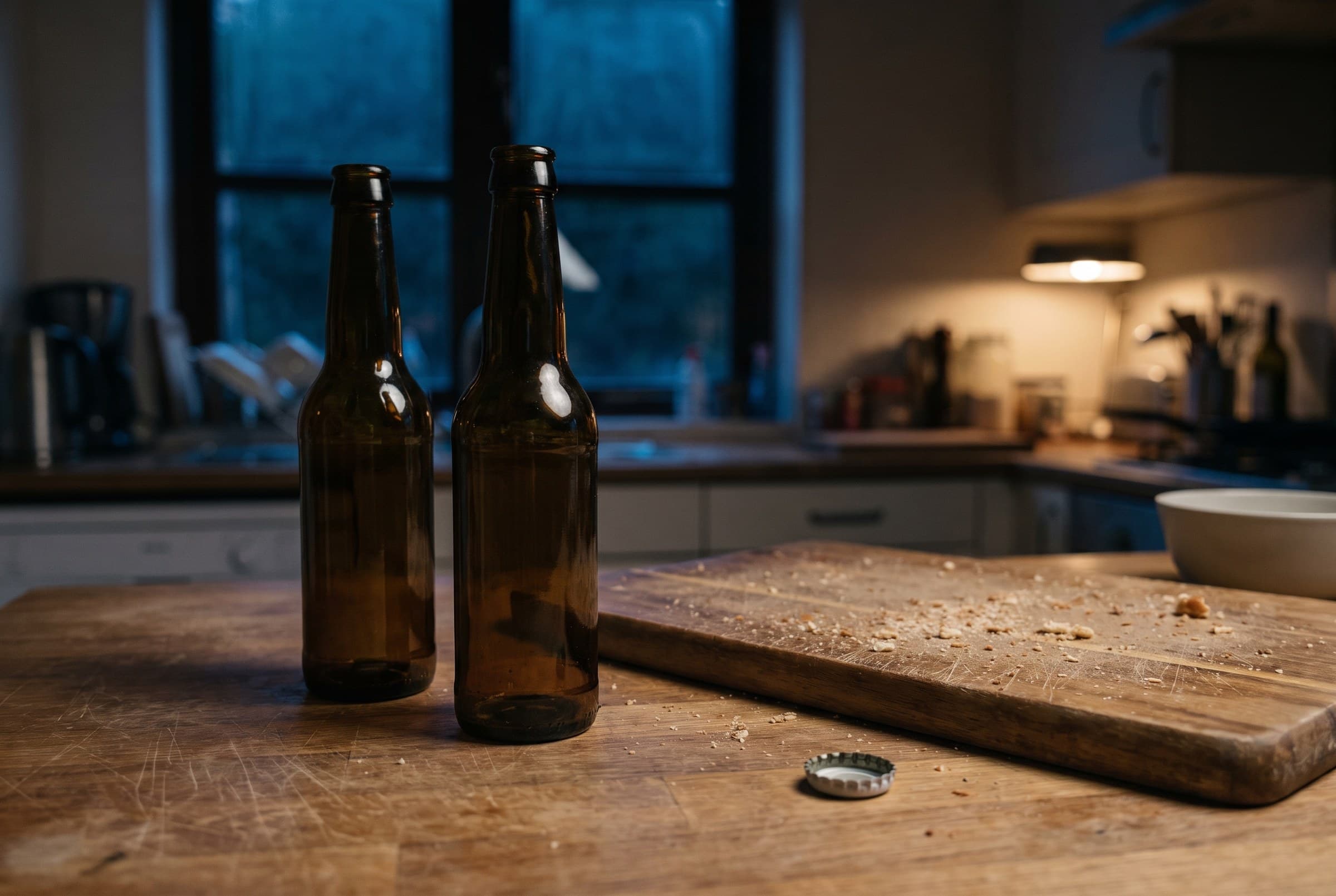 Two empty brown bottles and a fallen cap on a scratched wooden kitchen counter, deep blue window behind and one warm lamp across the room
