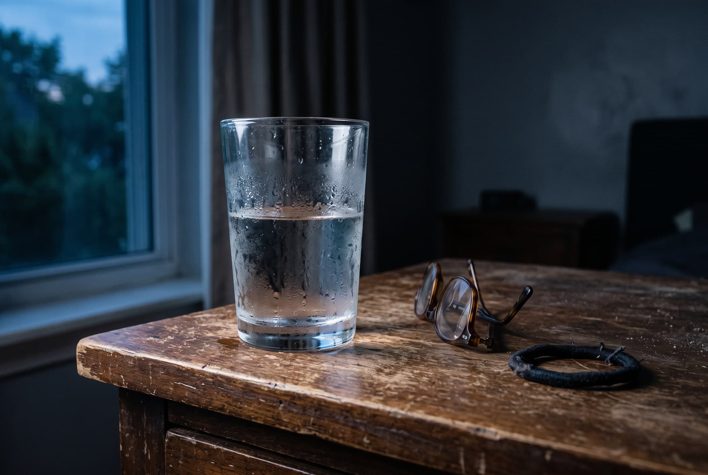 A half-drunk glass of water beading with condensation on a worn nightstand beside folded reading glasses and a hair tie, blue window light