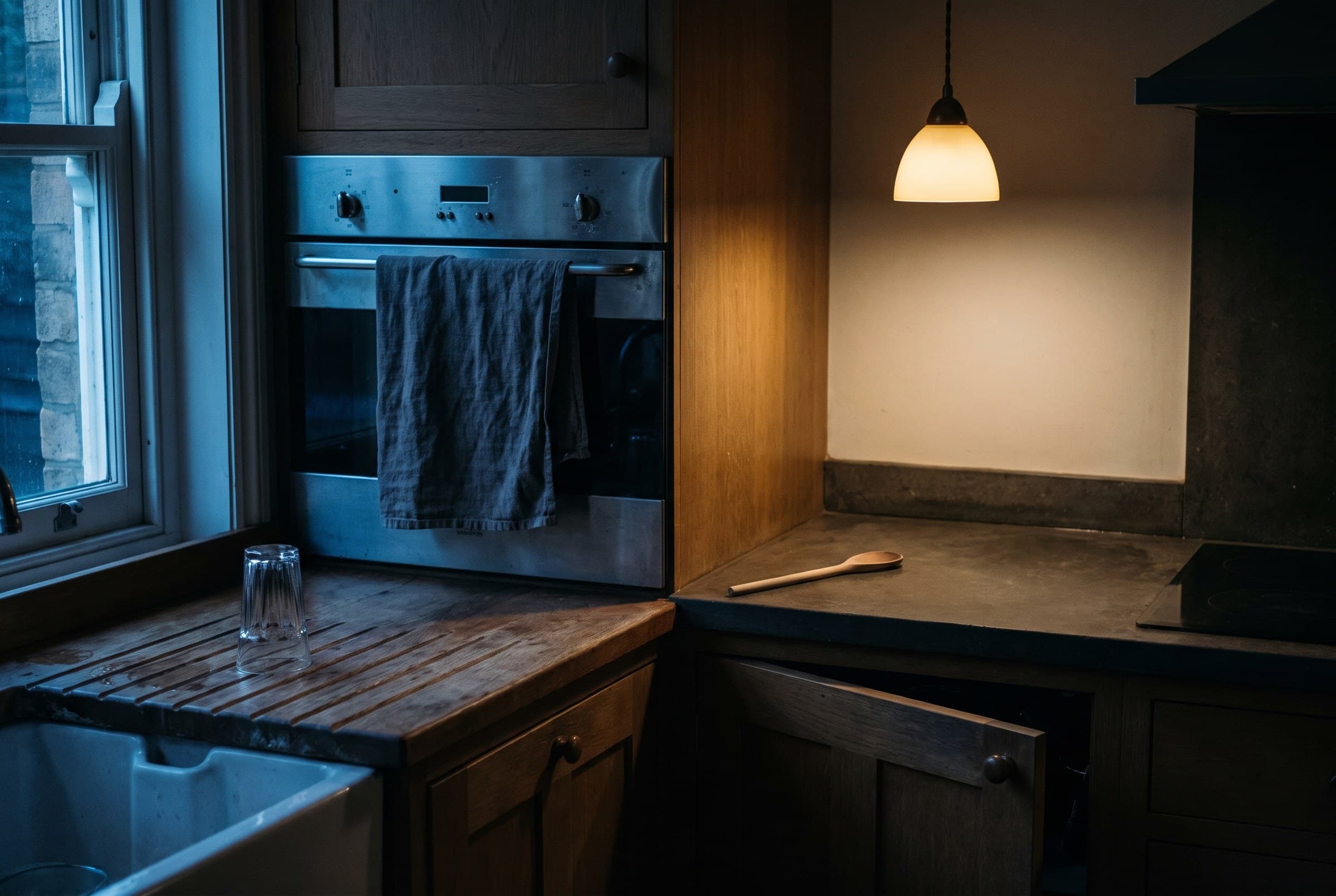 A dark kitchen at night with a damp towel over the oven rail, one upturned glass on a wooden draining board and a single warm pendant lamp