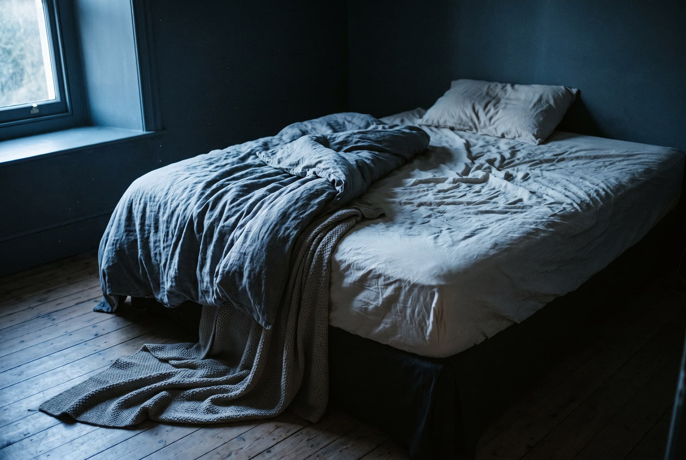 An empty double bed with the duvet thrown back, creased sheets and a blanket trailing onto bare floorboards in dim blue pre-dawn light