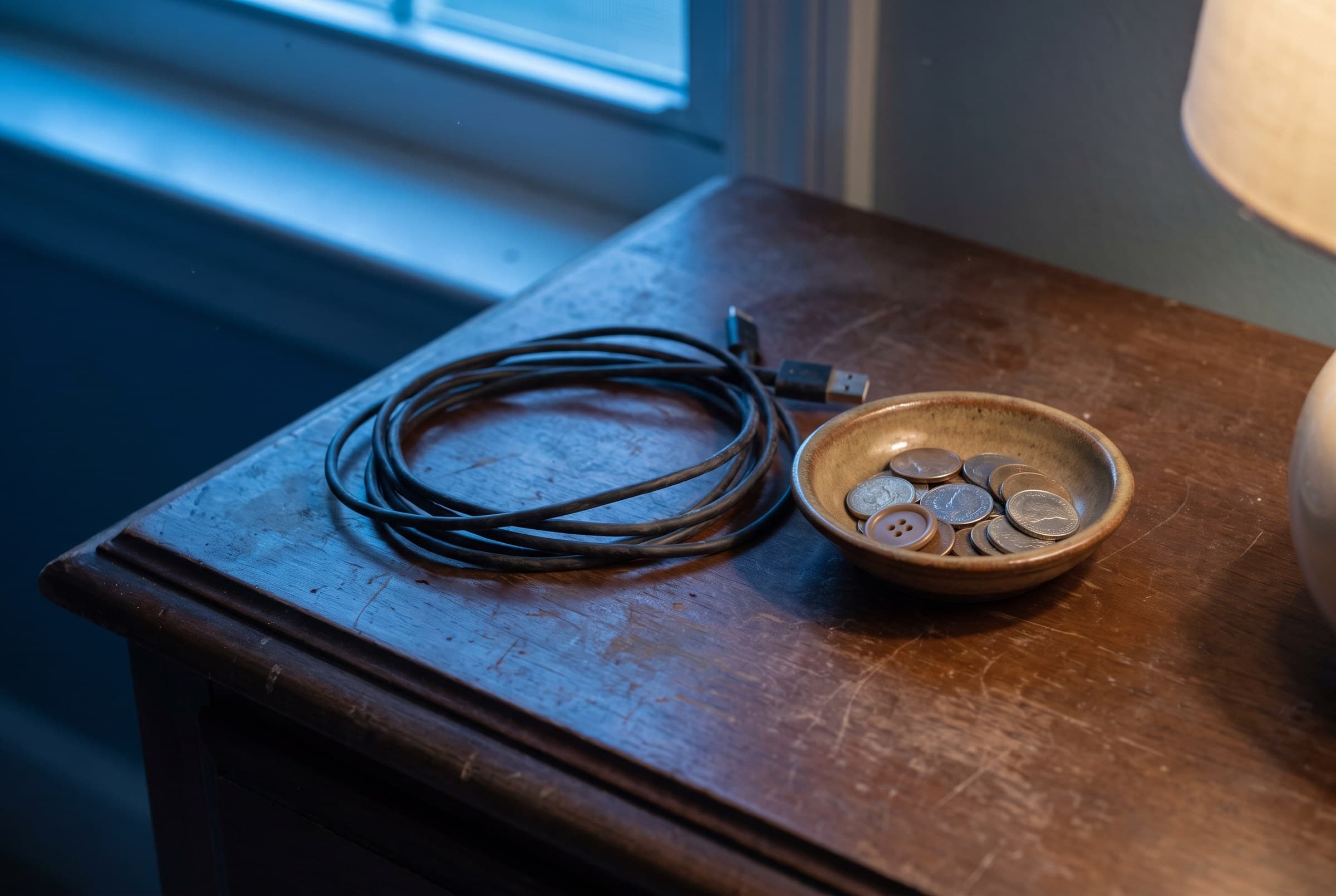 A charging cable coiled loose on a dusty dresser top next to a small ceramic dish of loose coins and a spare button, blue window light at the edge