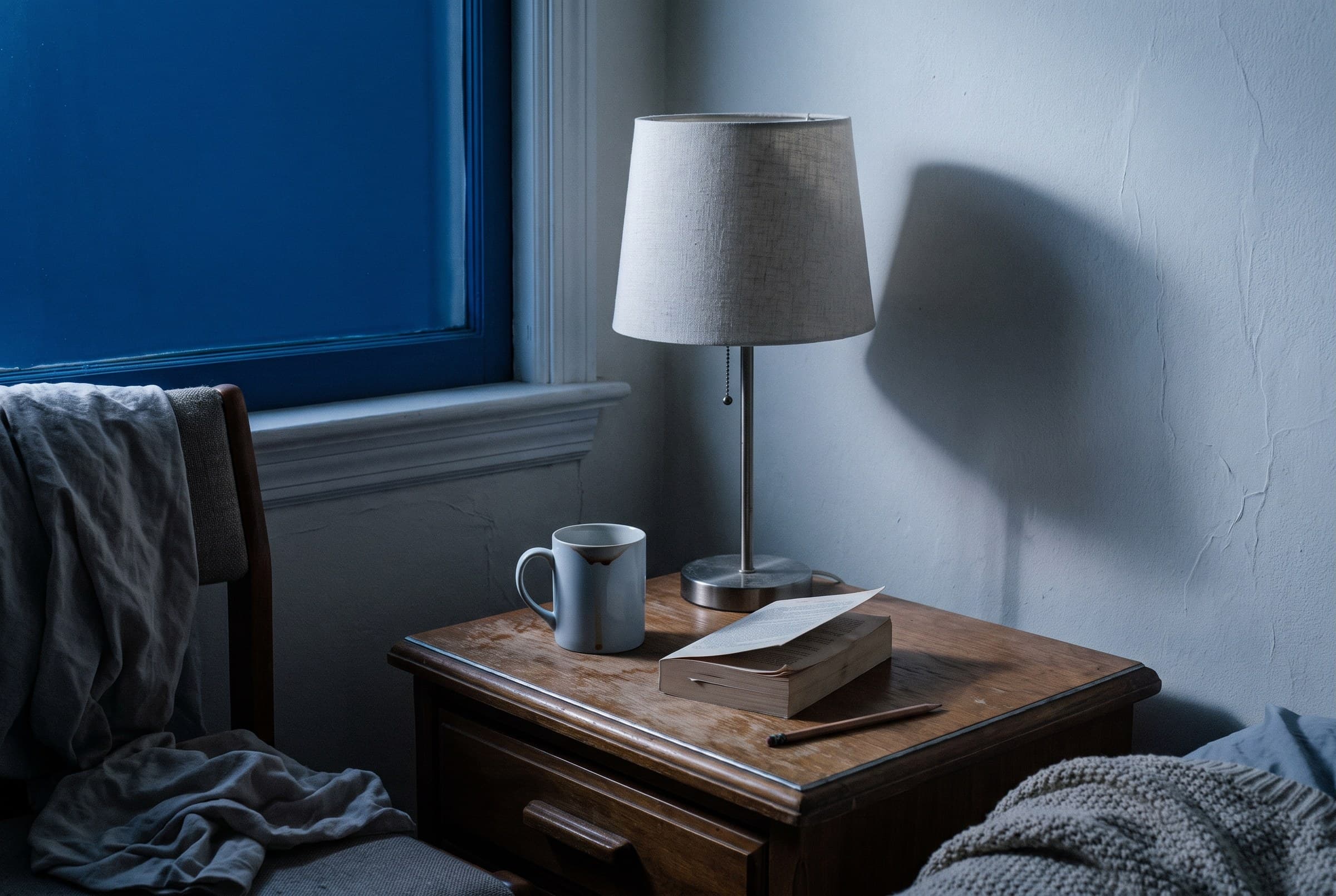 A bedside table at first light with a cold half-finished mug, a face-down paperback, a pencil and an unlit lamp casting a soft wall shadow