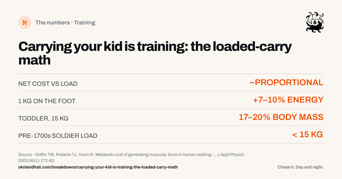 The numbers — Carrying your kid is training: the loaded-carry math. NET COST VS LOAD: ~PROPORTIONAL. 1 KG ON THE FOOT: +7–10% ENERGY. TODDLER, 15 KG: 17–20% BODY MASS. PRE-1700s SOLDIER LOAD: < 15 KG. Source: Griffin TM, Roberts TJ, Kram R. Metabolic cost of generating muscular force in human walking: insights from load-carrying and speed experiments.