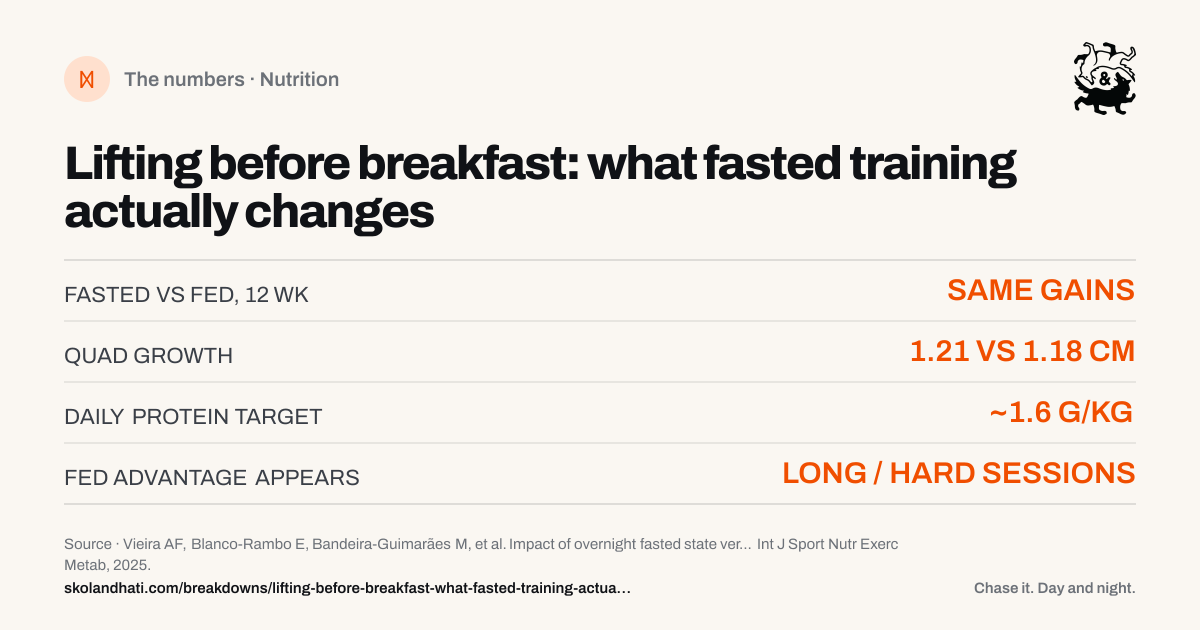 The numbers — Lifting before breakfast: what fasted training actually changes. FASTED VS FED, 12 WK: SAME GAINS. QUAD GROWTH: 1.21 VS 1.18 CM. DAILY PROTEIN TARGET: ~1.6 G/KG. FED ADVANTAGE APPEARS: LONG / HARD SESSIONS. Source: Vieira AF, Blanco-Rambo E, Bandeira-Guimarães M, et al. Impact of overnight fasted state versus fed state on adaptations to resistance training: a randomized clinical trial.