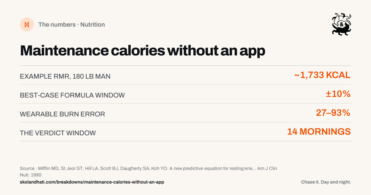 The numbers — Maintenance calories without an app. EXAMPLE RMR, 180 LB MAN: ~1,733 KCAL. BEST-CASE FORMULA WINDOW: ±10%. WEARABLE BURN ERROR: 27–93%. THE VERDICT WINDOW: 14 MORNINGS. Source: Mifflin MD, St Jeor ST, Hill LA, Scott BJ, Daugherty SA, Koh YO. A new predictive equation for resting energy expenditure in healthy individuals.