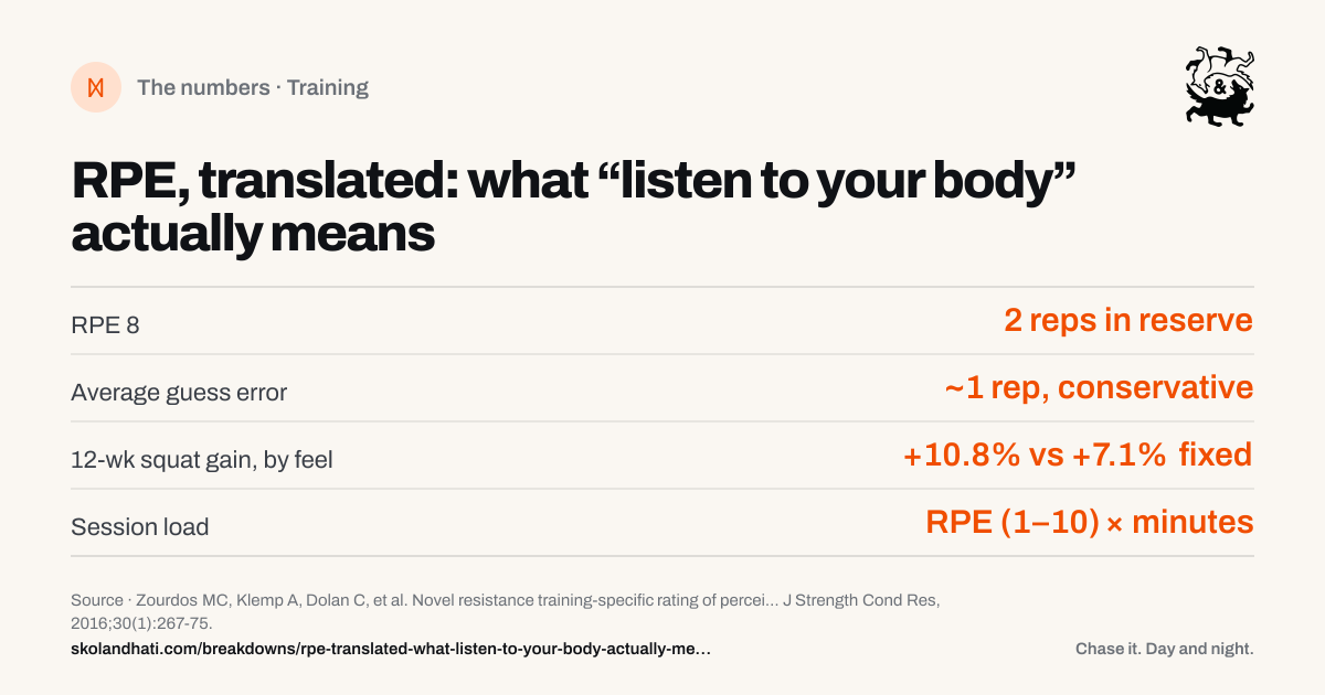 The numbers — RPE, translated: what “listen to your body” actually means. RPE 8: 2 reps in reserve. Average guess error: ~1 rep, conservative. 12-wk squat gain, by feel: +10.8% vs +7.1% fixed. Session load: RPE (1–10) × minutes. Source: Zourdos MC, Klemp A, Dolan C, et al. Novel resistance training-specific rating of perceived exertion scale measuring repetitions in reserve.