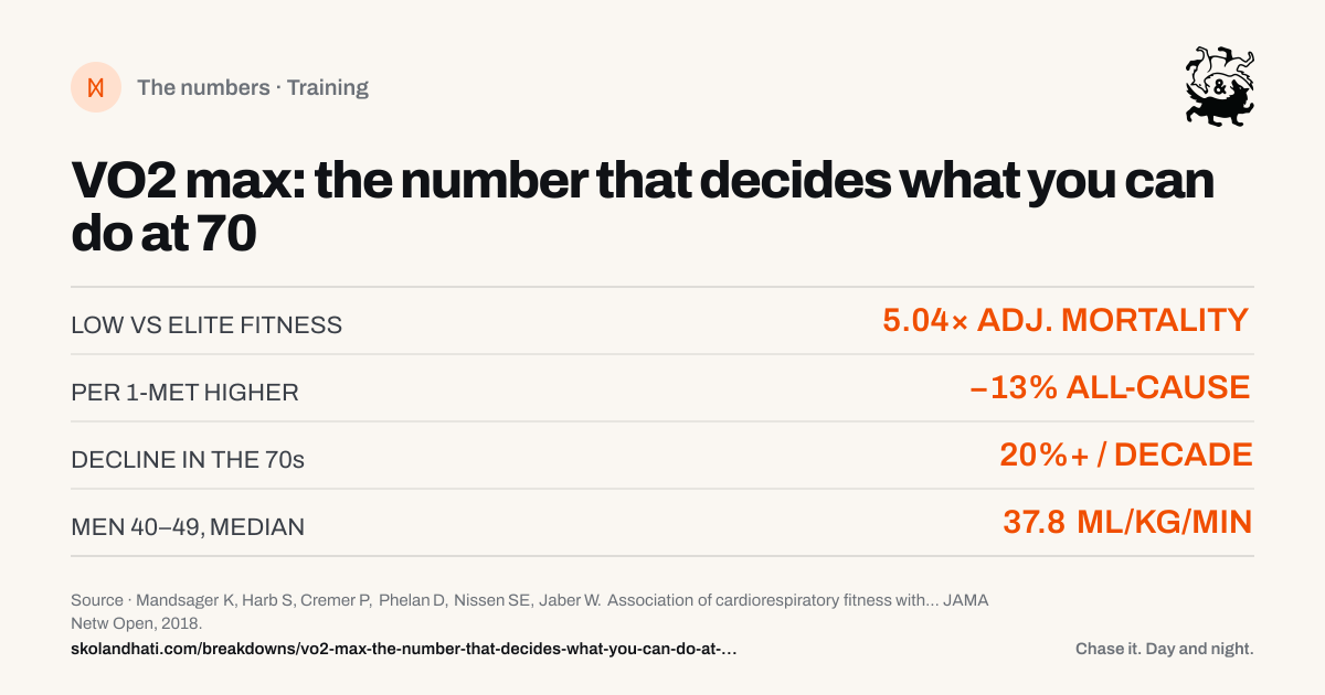 The numbers — VO2 max: the number that decides what you can do at 70. LOW VS ELITE FITNESS: 5.04× ADJ. MORTALITY. PER 1-MET HIGHER: −13% ALL-CAUSE. DECLINE IN THE 70s: 20%+ / DECADE. MEN 40–49, MEDIAN: 37.8 ML/KG/MIN. Source: Mandsager K, Harb S, Cremer P, Phelan D, Nissen SE, Jaber W. Association of cardiorespiratory fitness with long-term mortality among adults undergoing exercise treadmill testing.