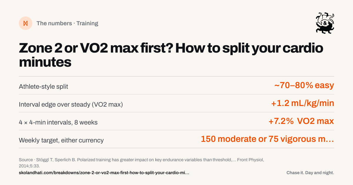 The numbers — Zone 2 or VO2 max first? How to split your cardio minutes. Athlete-style split: ~70–80% easy. Interval edge over steady (VO2 max): +1.2 mL/kg/min. 4 × 4-min intervals, 8 weeks: +7.2% VO2 max. Weekly target, either currency: 150 moderate or 75 vigorous min. Source: Stöggl T, Sperlich B. Polarized training has greater impact on key endurance variables than threshold, high intensity, or high volume training.