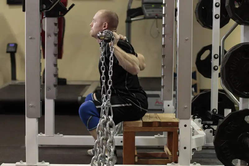 Box Squat with Chains — finish position