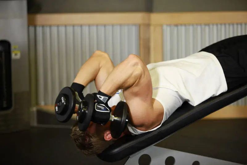 Decline Dumbbell Triceps Extension — finish position