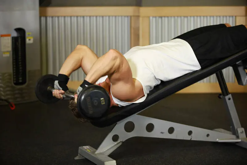 Decline EZ Bar Triceps Extension — finish position