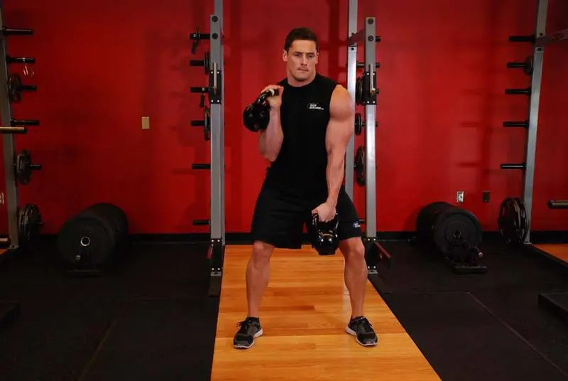 Double Kettlebell Alternating Hang Clean — finish position