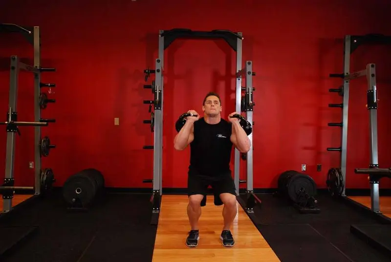 Double Kettlebell Push Press — finish position