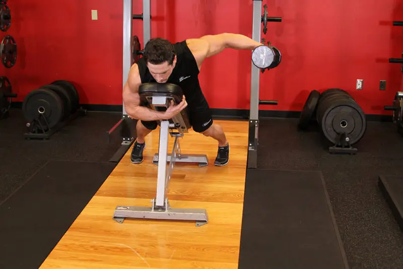 Dumbbell Lying One-Arm Rear Lateral Raise — finish position