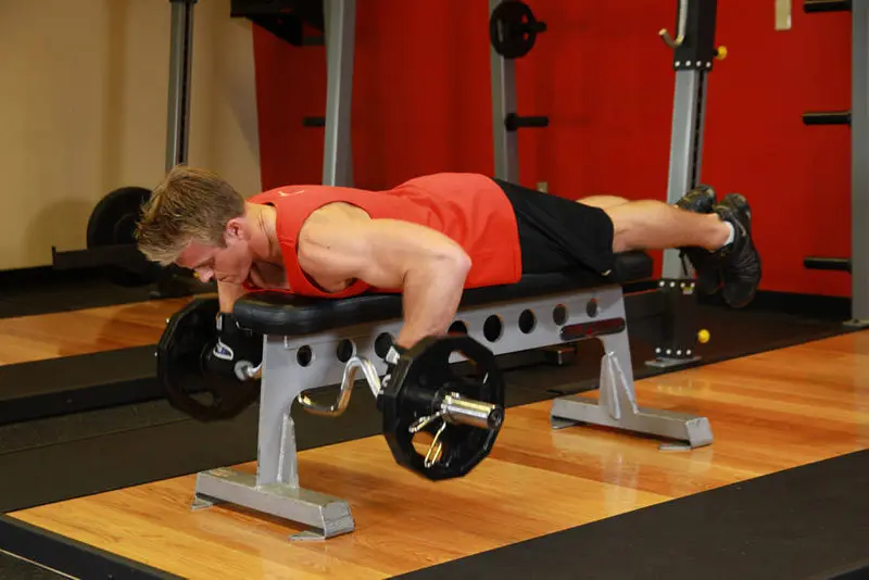 Lying Cambered Barbell Row — finish position