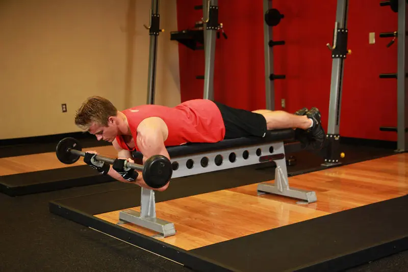 Lying High Bench Barbell Curl — finish position