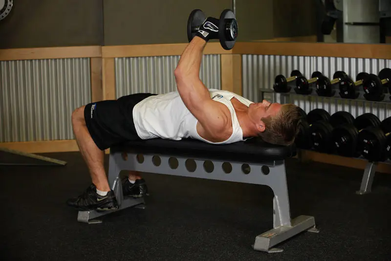 One-Arm Flat Bench Dumbbell Flye — finish position