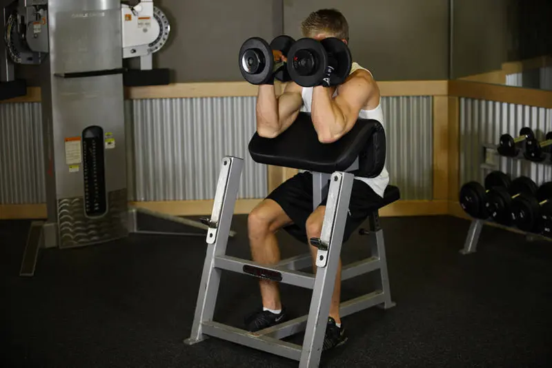 Preacher Hammer Dumbbell Curl — finish position