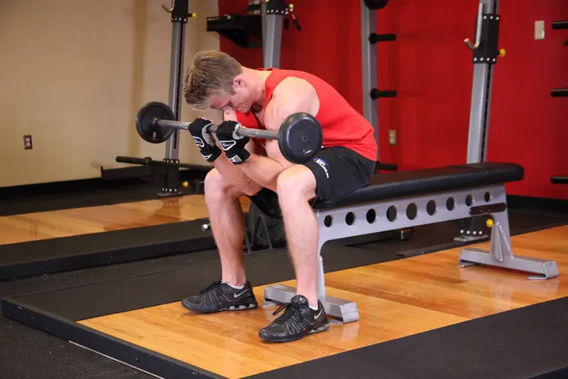 Seated Close-Grip Concentration Barbell Curl — finish position