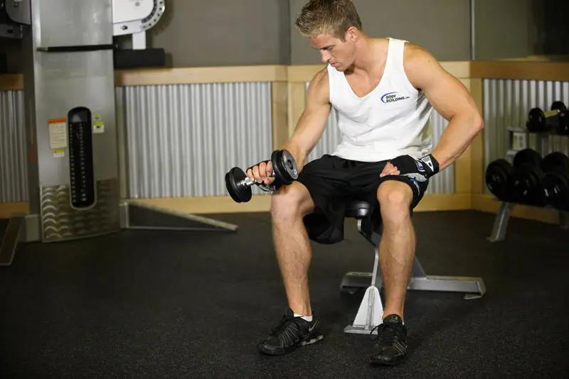 Seated One-Arm Dumbbell Palms-Down Wrist Curl — finish position