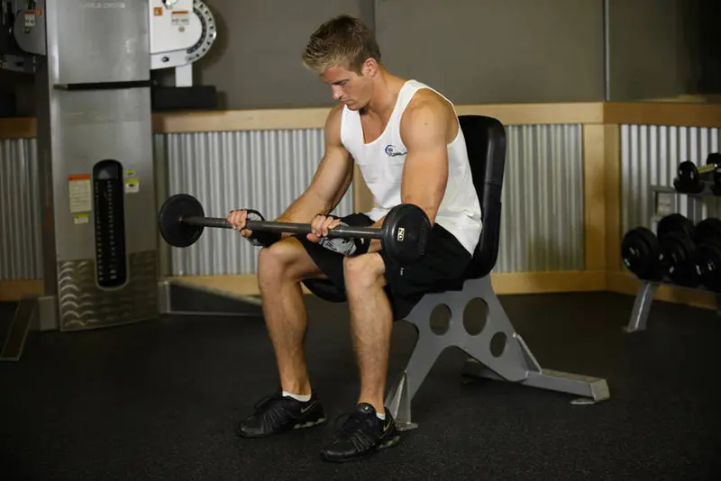 Seated Palms-Down Barbell Wrist Curl — finish position