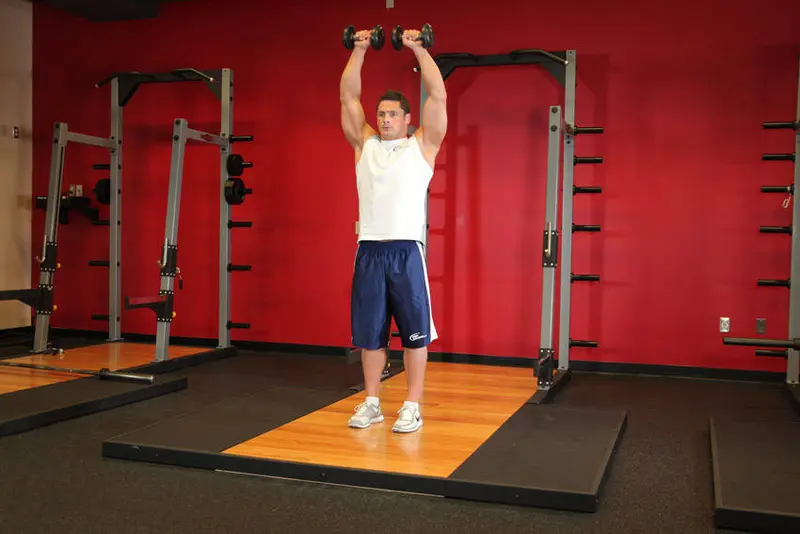 Standing Dumbbell Straight-Arm Front Delt Raise Above Head — finish position