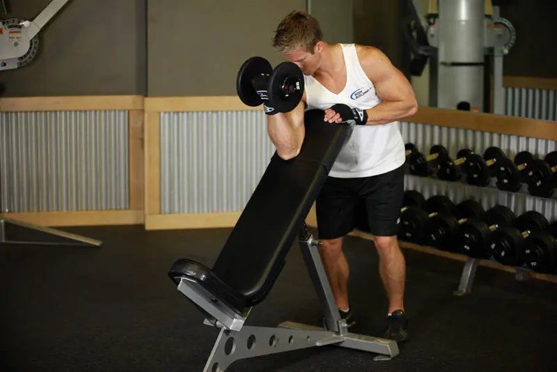 Standing One-Arm Dumbbell Curl Over Incline Bench — finish position
