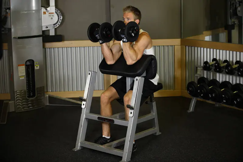 Two-Arm Dumbbell Preacher Curl — finish position