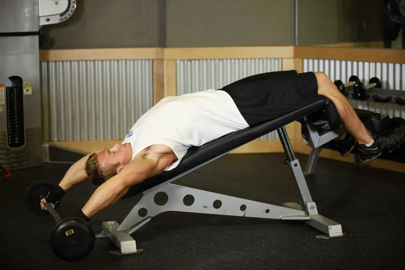 Wide-Grip Decline Barbell Pullover — finish position